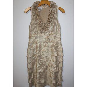 Lizzatti Collection Womens Gold Ruffle V Neck Sleeveless Tiered Sheath Dress 6
